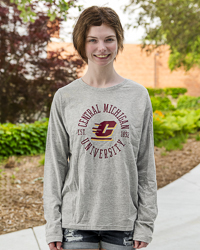 Central Michigan University Action C CMU Fire Up Chips! Women’s Oxford Gray Long Sleeve T-Shirt